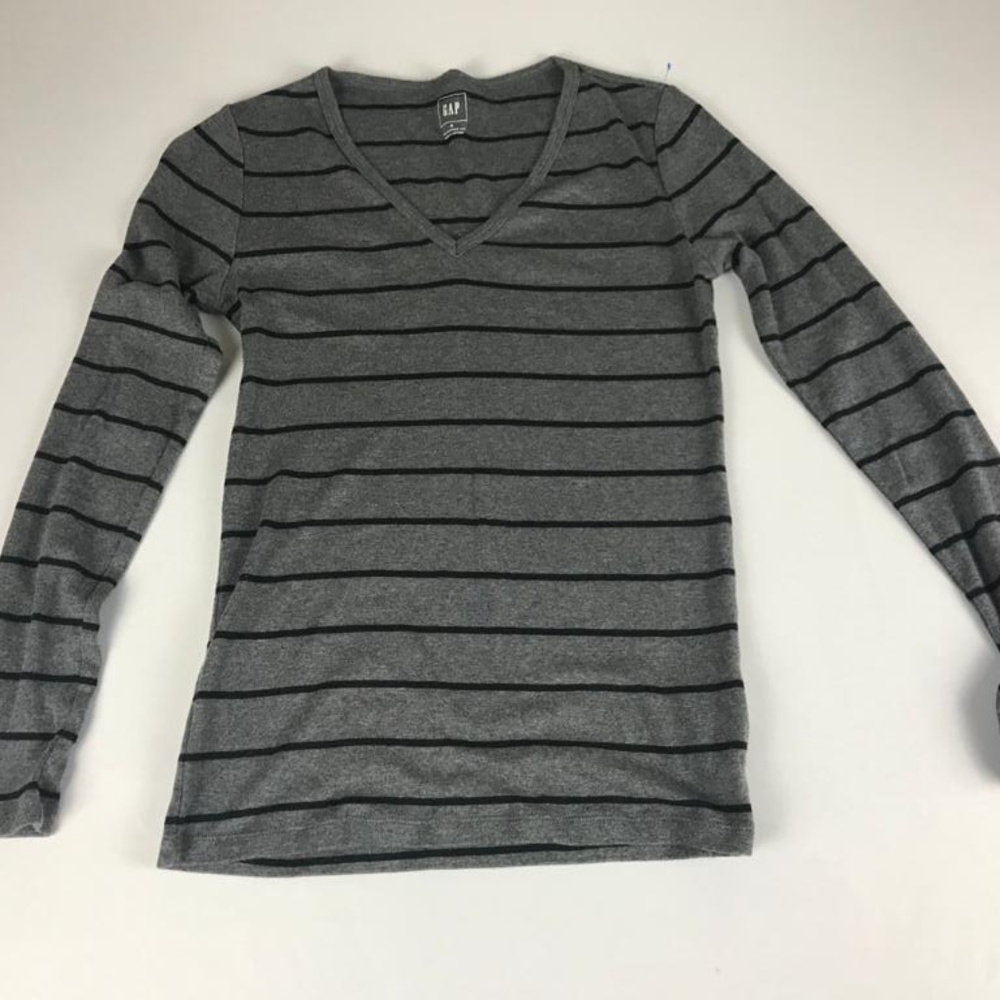 GAP V Neck Grey Sweater Black Striped Long Sleeve